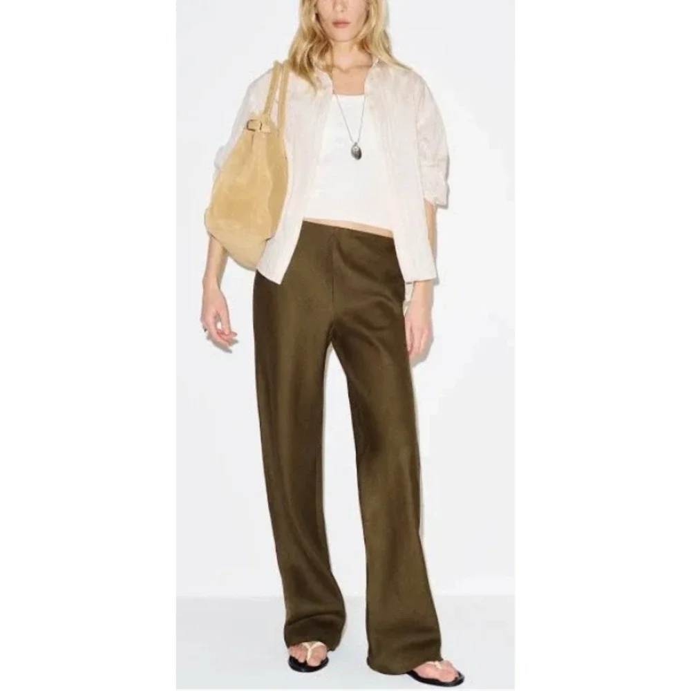 NWT Reformation Gale Linen Mid Rise Wide Leg Pants Dark Olive XS